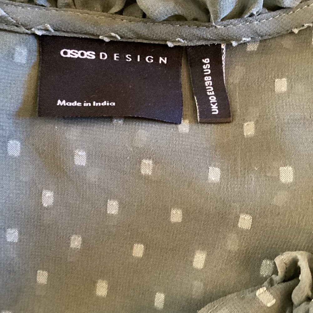 ASOS Design Green Smocked Midi Dress Size 6 Ruffle Trim & Puff Sleeves‎ - Picture 7 of 7